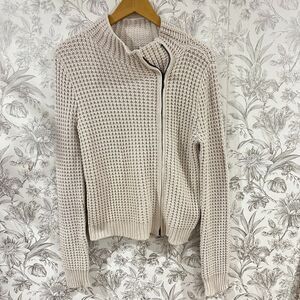 Margaret O’Leary Chunky Knit Ivory Cotton Blend Cardigan Sweater Zip-Up Sz Sm